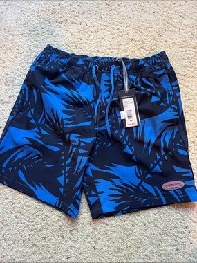Vineyard Vines Navy & Electric Blue Palm Print Swim Trunks